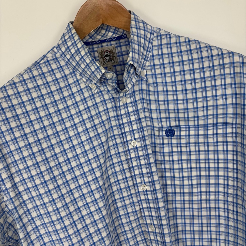 Cinch Plaid Button Down Shirt Mens Medium Blue White Western Cowboy Rodeo